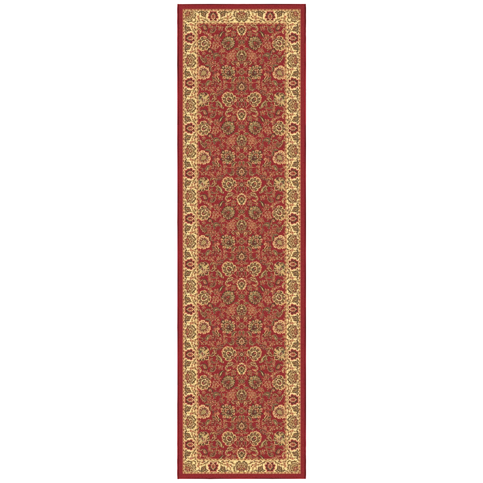 Dark Red Floral Non-Slip Synthetic Runner Rug