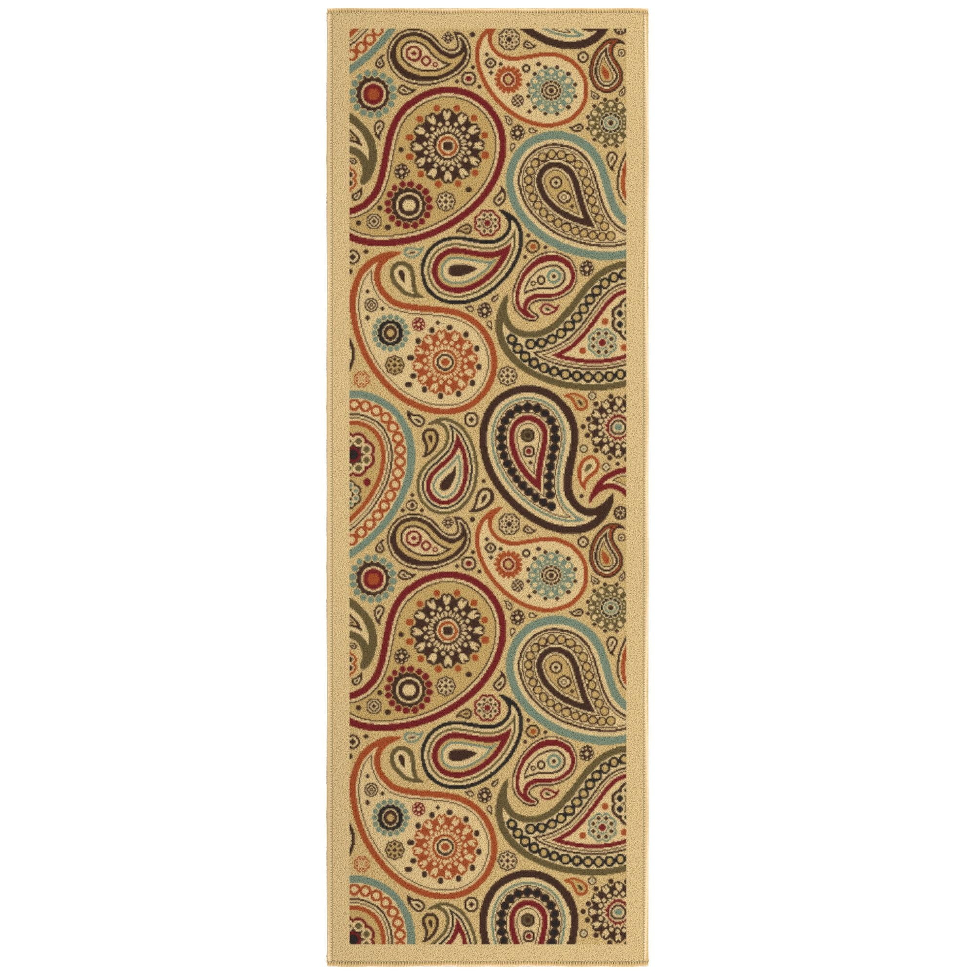 Beige and Red Synthetic Paisley Non-Slip Runner Rug