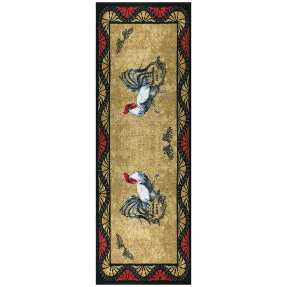 Ottomanson Machine Washable Non-Slip Rubberback Rooster 2x5 Kitchen Runner Rug, 20" x 59", Beige/Black