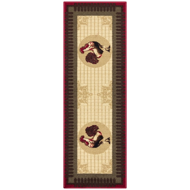 Ottomanson Machine Washable Non-Slip Rubberback Rooster 2x5 Kitchen Runner Rug, 20" x 59", Beige/Red