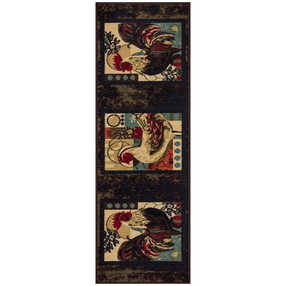 Ottomanson Machine Washable Non-Slip Rubberback Rooster 2x5 Kitchen Runner Rug, 20" x 59", Black