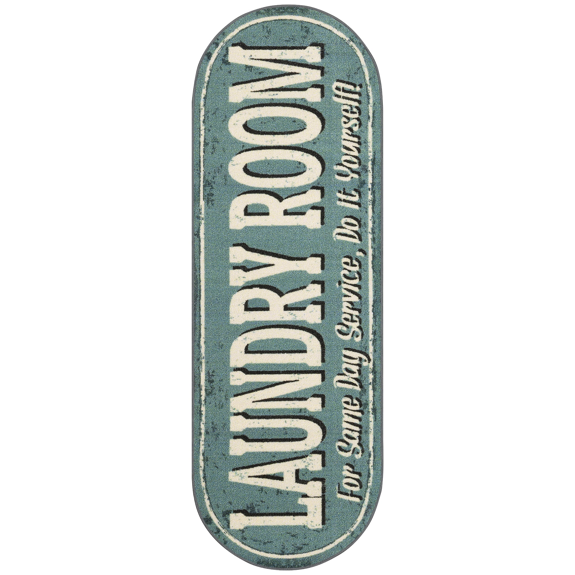 Ottomanson Non-Slip Rubberback Text 2x5 Laundry Room Runner Rug, 20" x 59" Oval, Baby Blue