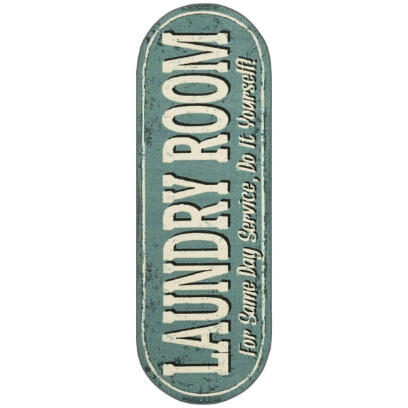 Ottomanson Non-Slip Rubberback Text 2x5 Laundry Room Runner Rug, 20" x 59" Oval, Baby Blue