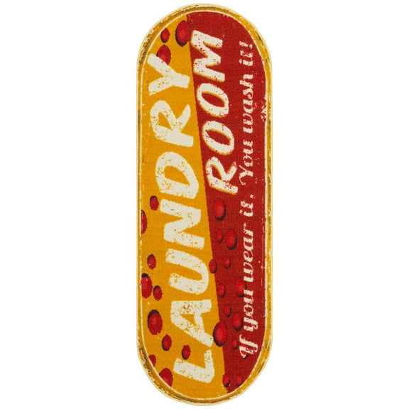 Ottomanson Non-Slip Rubberback Text 2x5 Laundry Room Runner Rug, 20" x 59" Oval, Red/Yellow