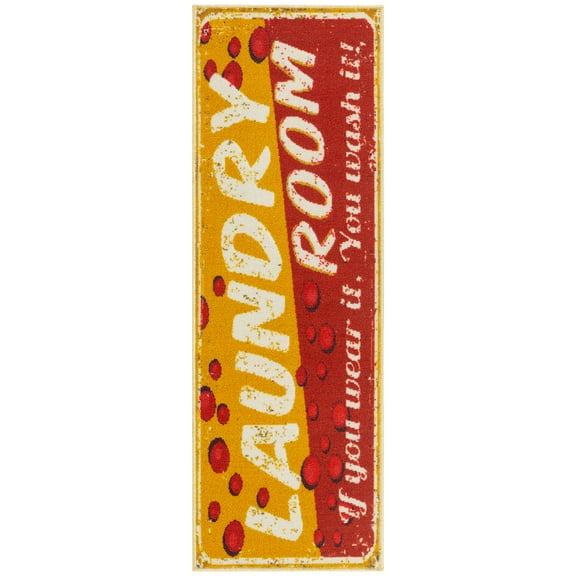 Ottomanson Non-Slip Rubberback Text 2x5 Laundry Room Runner Rug, 20" x 59", Red/Yellow