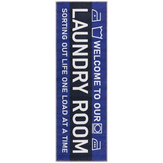 Ottomanson Machine Washable Text 2x5 Flatweave Cotton Laundry Room Runner Rug, 20" x 59", Navy
