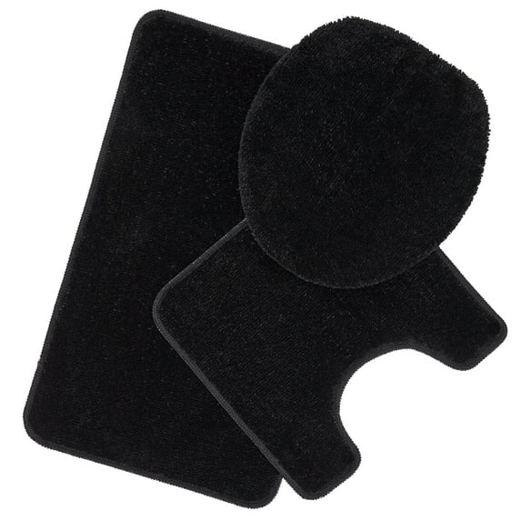 Ottomanson Nice Washable Non-Slip Rubberback Polypropylene Black Bath Rug Set, 3 Piece