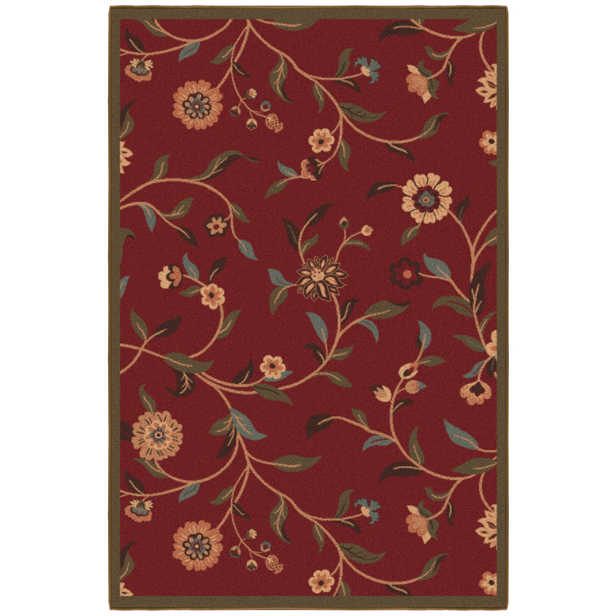 Ottomanson Non-Slip Accent Rug 2'7" x 3' – Low Pile Entryway Bedroom Small Rug, Floral Red