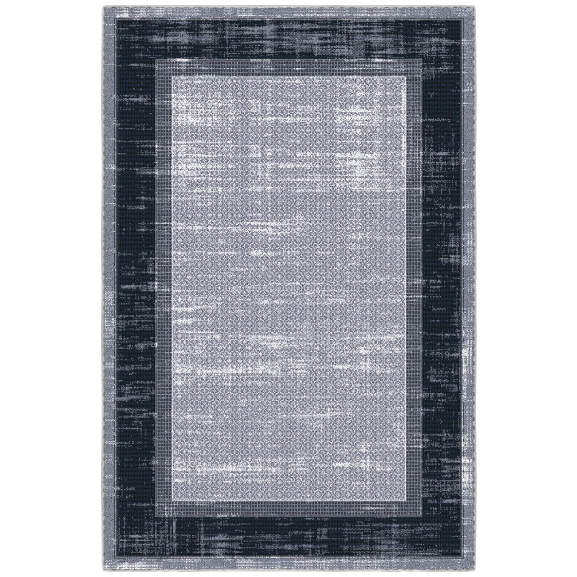 Gray and Black Rectangular Washable Non-Slip Area Rug
