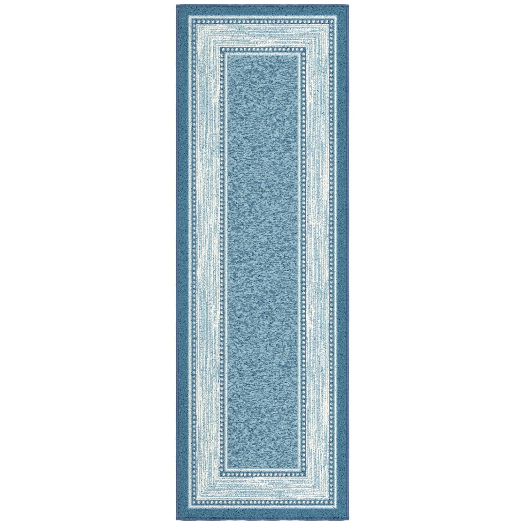 Ottomanson Border Bathroom Runner Rug 20" x 59" - Non Slip Low Pile Carpet, Blue