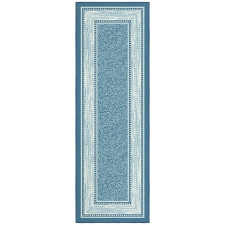 Ottomanson Border Bathroom Runner Rug 20" x 59" - Non Slip Low Pile Carpet, Blue