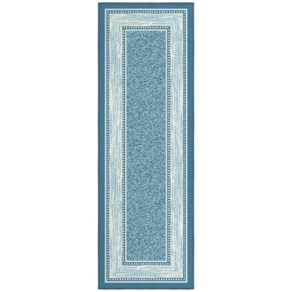 Ottomanson Border Bathroom Runner Rug 20" x 59" - Non Slip Low Pile Carpet, Blue