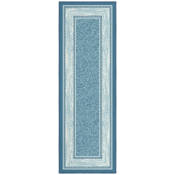 Ottomanson Border Bathroom Runner Rug 20" x 59" - Non Slip Low Pile Carpet, Blue