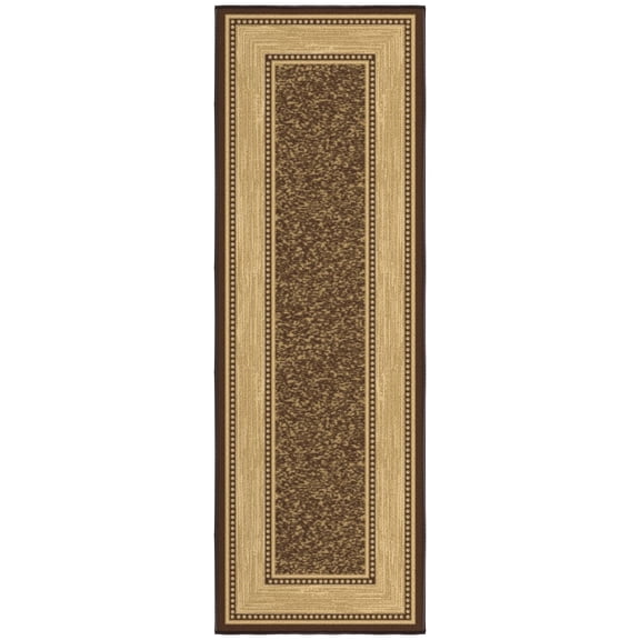 Ottomanson Border Bathroom Runner Rug 20" x 53" - Non Slip Low Pile Carpet, Brown