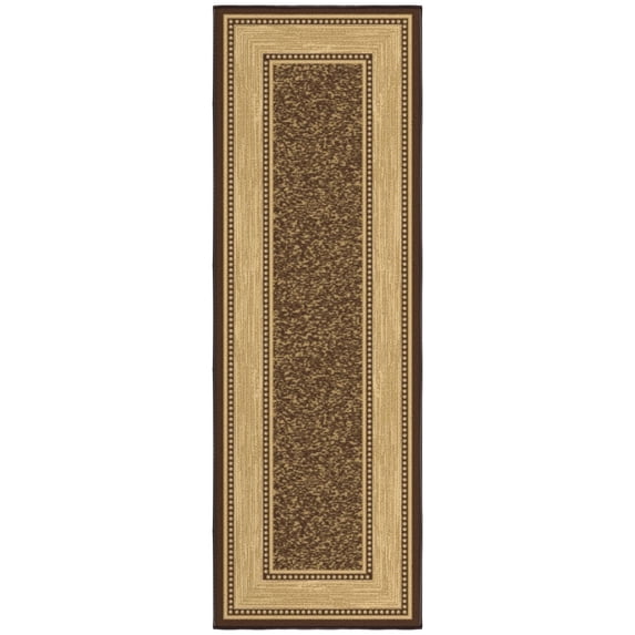 Ottomanson Border Bathroom Runner Rug 20" x 53" - Non Slip Low Pile Carpet, Brown