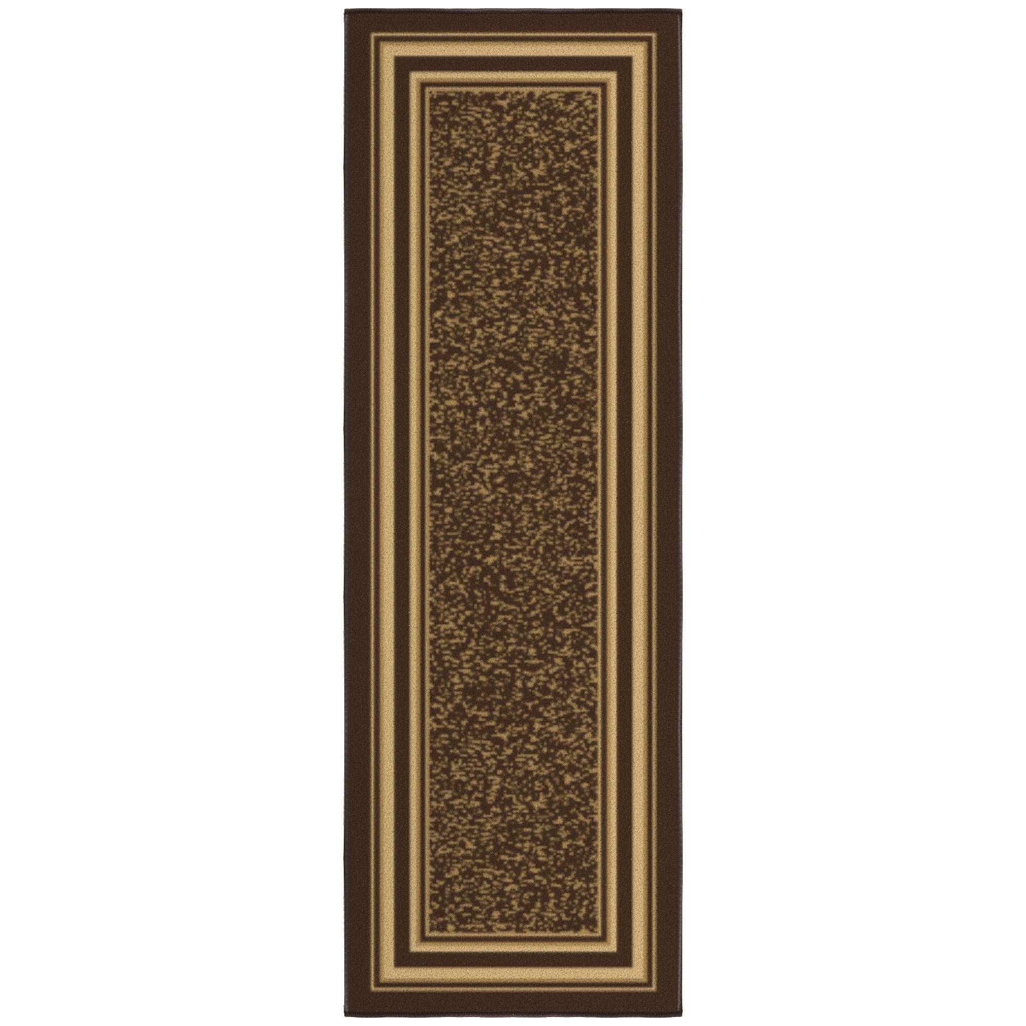 Ottomanson Border Bathroom Runner Rug 20" x 53" - Non Slip Low Pile Carpet, Dark Brown
