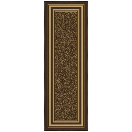 Ottomanson Border Bathroom Runner Rug 20" x 53" - Non Slip Low Pile Carpet, Dark Brown