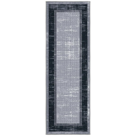 Ottomanson Border Bathroom Runner Rug 20" x 59" - Non Slip Low Pile Carpet, Gray/Navy