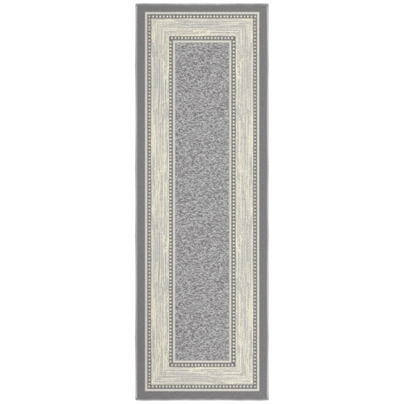 Ottomanson Border Bathroom Runner Rug 20" x 59" - Non Slip Low Pile Carpet, Light Gray