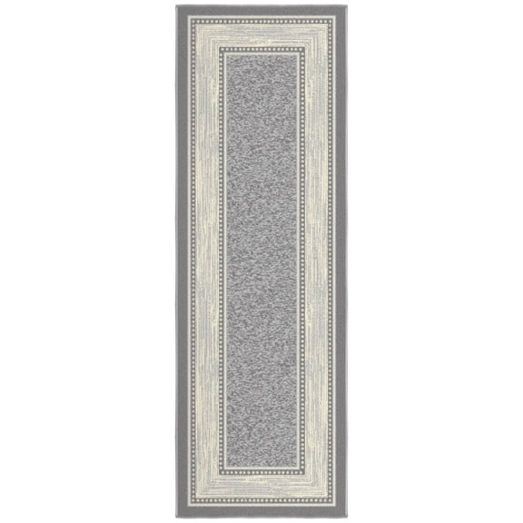 Ottomanson Border Bathroom Runner Rug 20" x 59" - Non Slip Low Pile Carpet, Light Gray