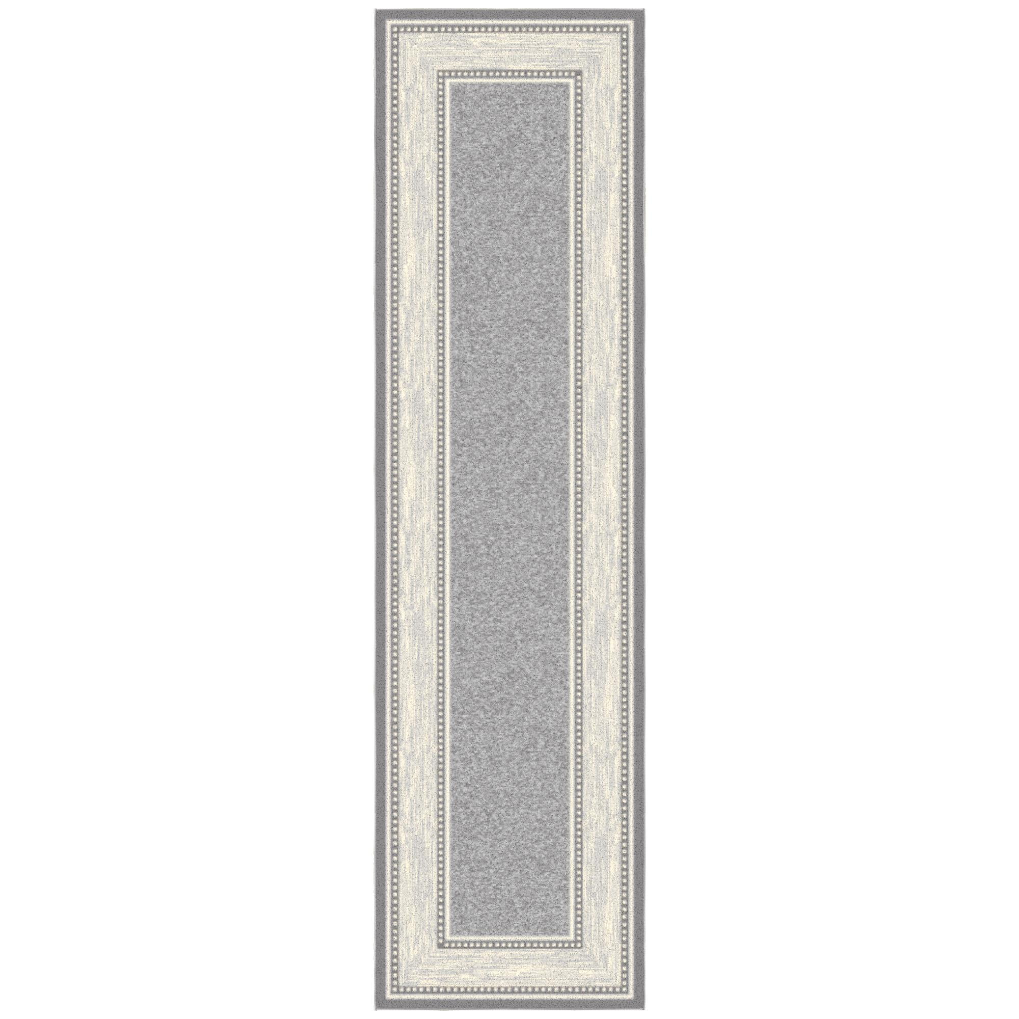 Gray Washable Non-Slip Synthetic Runner Rug with Bordered Design