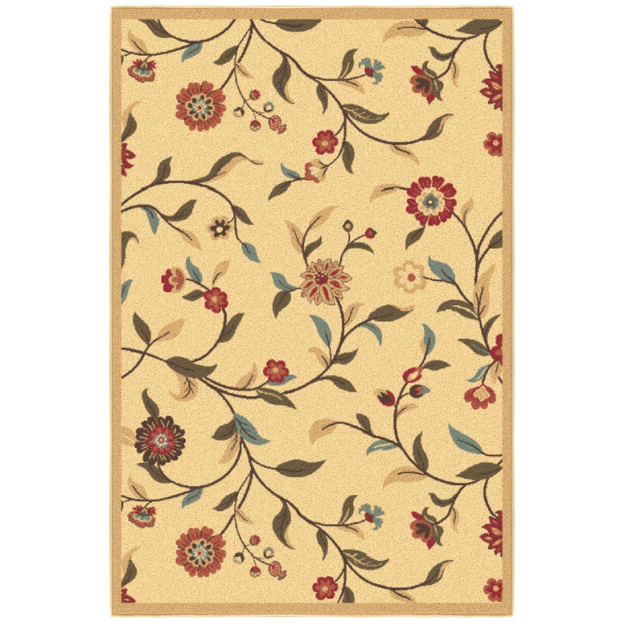 Ottomanson Non-Slip Indoor Entryway Rug 1'10.5" x 3' – Low Pile Stain Resistant Door Mat, Floral Beige