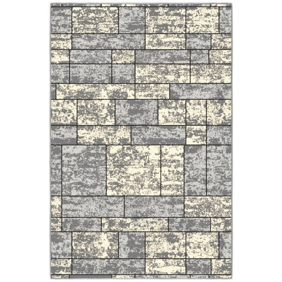 Ottomanson Non-Slip Area Rug for Living Room 3'3" x 5' Durable Low Profile Carpet, Gray Boxes