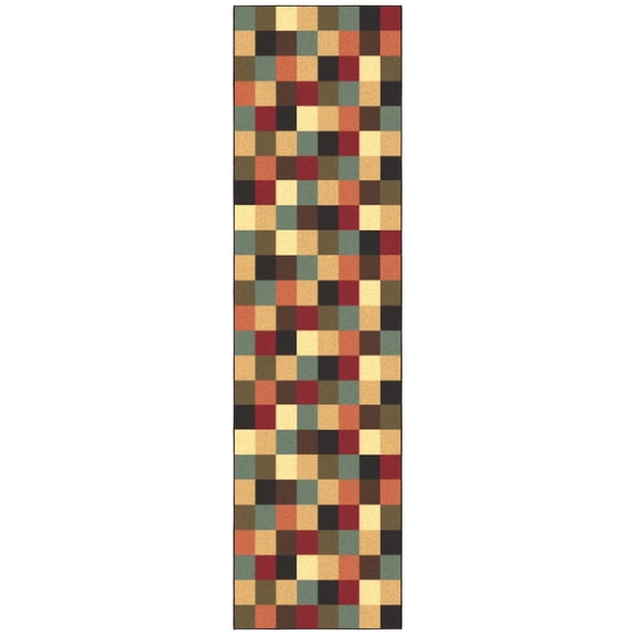 Ottomanson Hallway Runner Rug 2'7" x 10' – Non-Slip Low Pile Carpet for High Traffic Areas, Checkered Multicolor