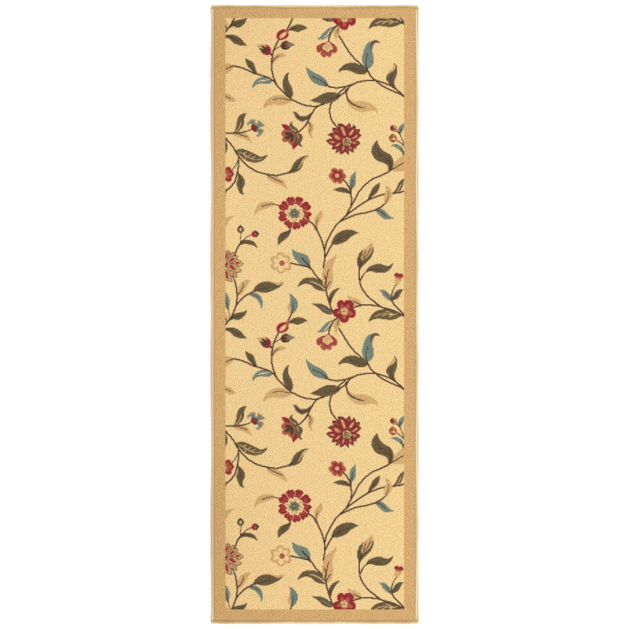 Ottomanson Floral Bathroom Runner Rug 20" x 53" - Non Slip Low Pile Carpet, Beige