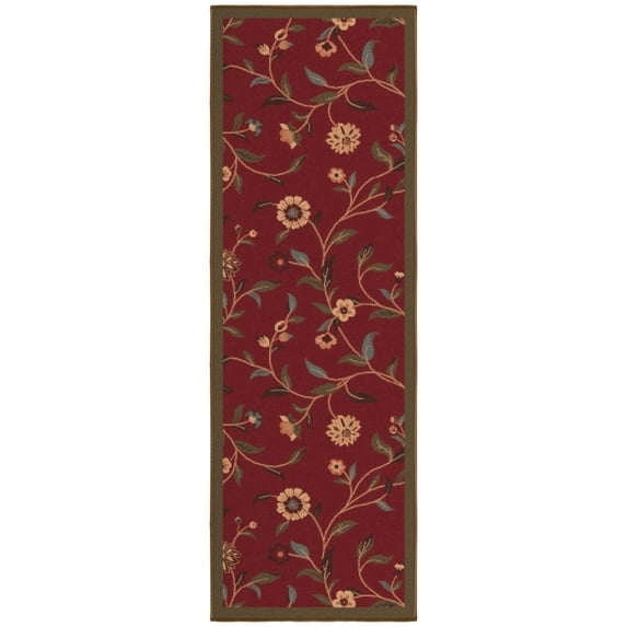Ottomanson Floral Bathroom Runner Rug 20" x 53" - Non Slip Low Pile Carpet, Red