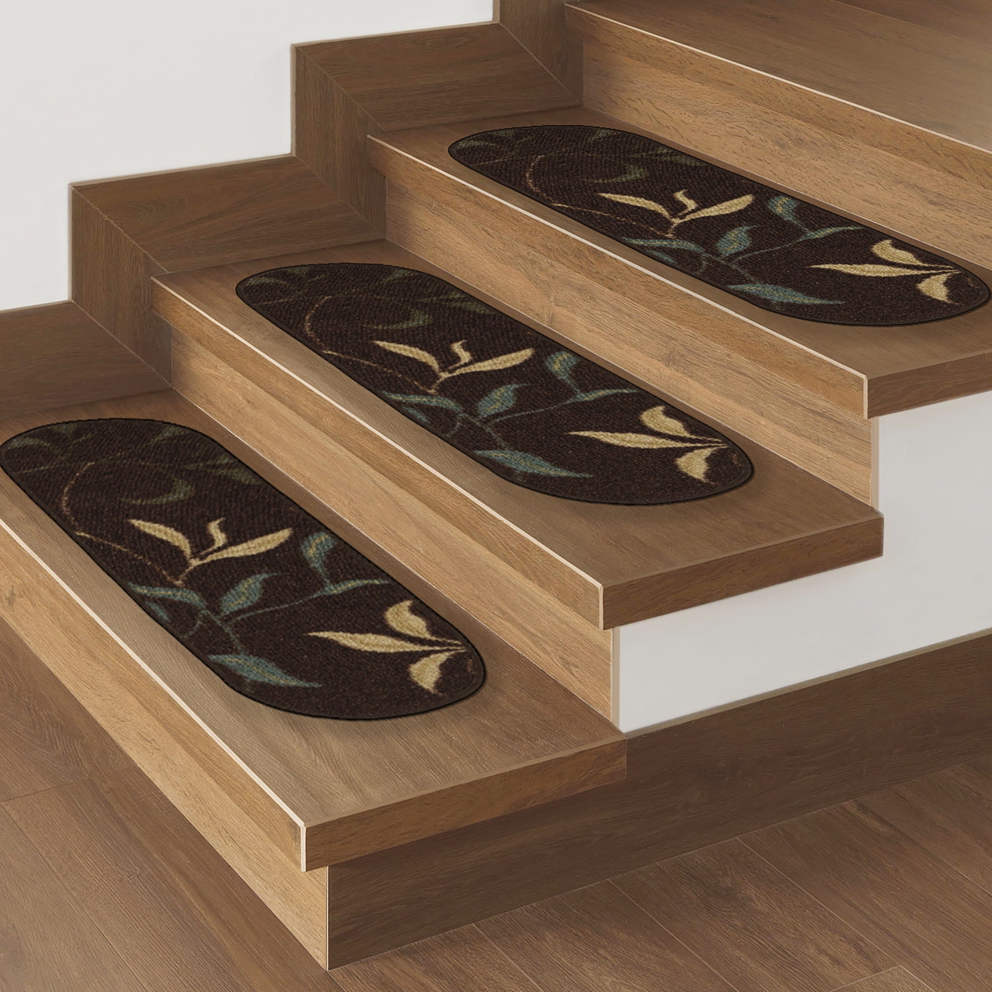 Ottomanson Non-Slip Rubberback Leaves 8.5" x 26" Indoor Oval Stair Treads, 14 Pack Oval, Brown