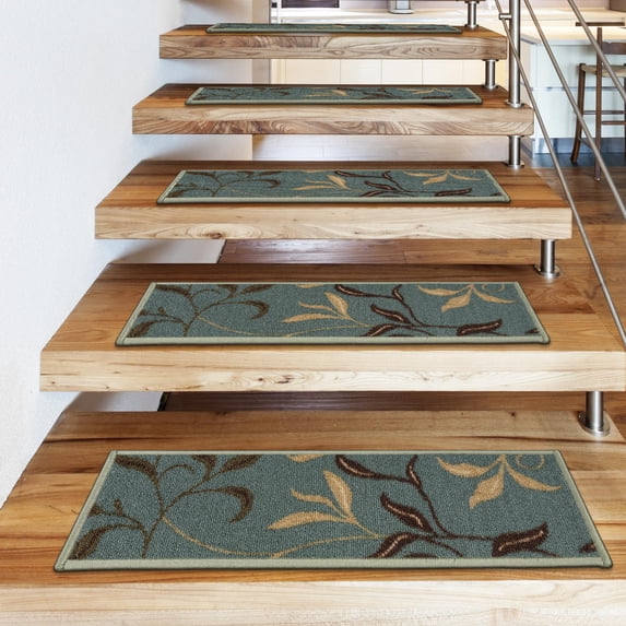 Ottomanson Non-Slip Rubberback Leaves 8.5" x 26" Indoor Stair Treads, 7 Pack, Seafoam Green