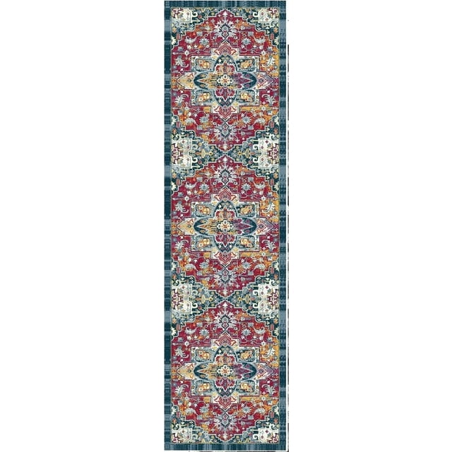 Ottomanson Non-Slip Rubberback Modern Medallion 2x7 Indoor Runner Rug, 1'10" x 7', Red/Blue