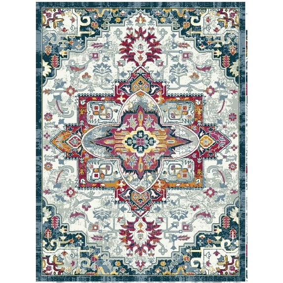 Ottomanson Non-Slip Area Rug for Living Room 5' x 6'6" Durable Low Profile Carpet, Gray/Blue Oriental