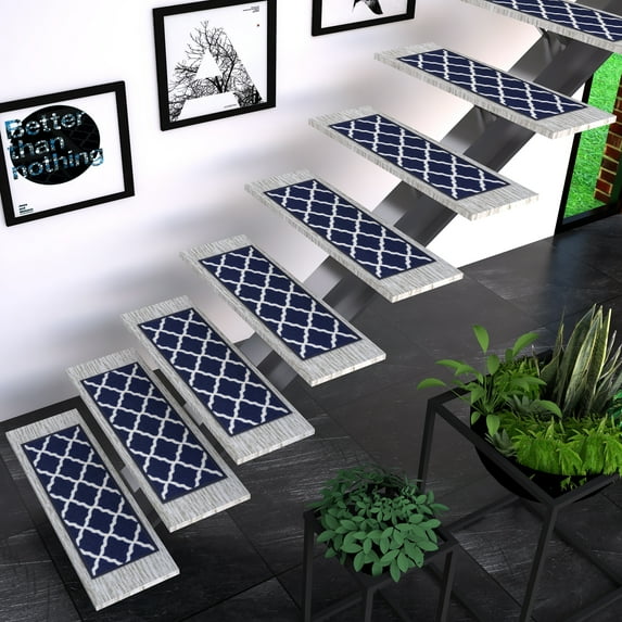 Ottomanson Non-Slip Rubberback Moroccan Trellis 8.5" x 26" Indoor Stair Treads, 7 Pack, Navy