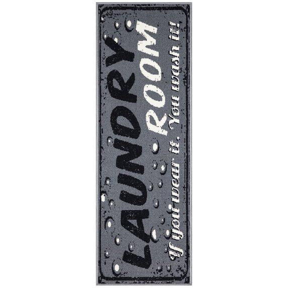 Ottomanson Non-Slip Rubberback Text 2x5 Laundry Room Runner Rug, 20" x 59", Dark Gray
