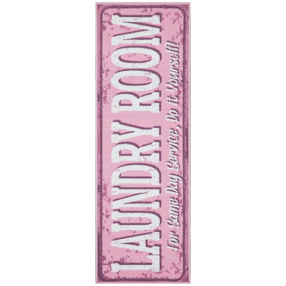 Ottomanson Non-Slip Rubberback Text 2x5 Laundry Room Runner Rug, 20" x 59", Pink