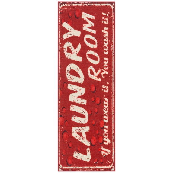 Ottomanson Non-Slip Rubberback Text 2x5 Laundry Room Runner Rug, 20" x 59", Red
