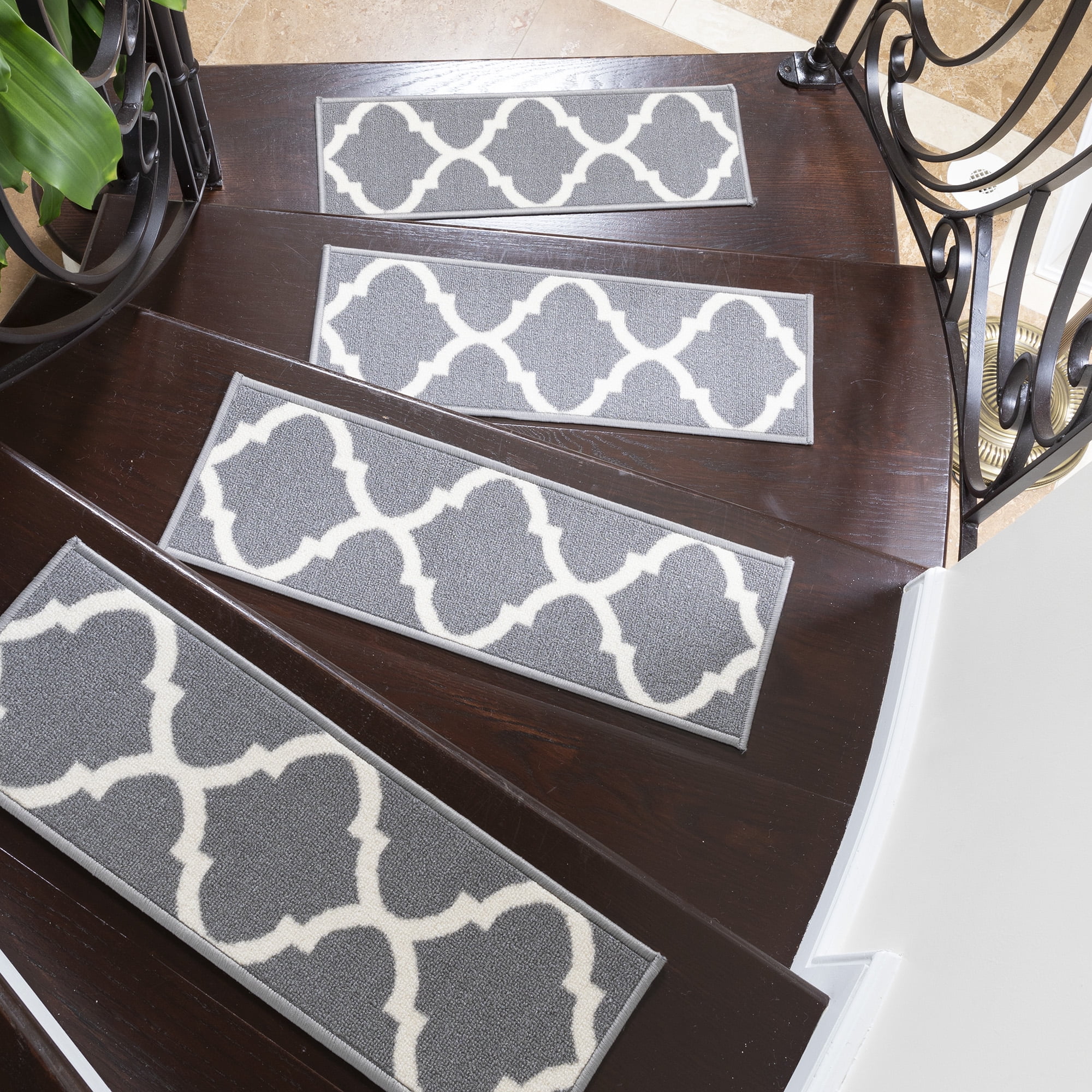 Ottomanson Non-Slip Rubberback Trellis 8.5" x 26" Indoor Stair Treads, 7 Pack, Gray/White