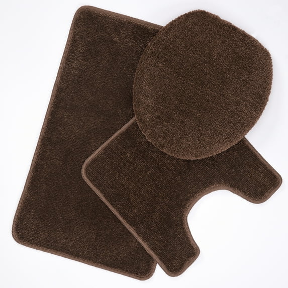Ottomanson Oceana Washable Non-Slip Rubberback Polypropylene Brown Bath Rug Set, 3 Piece