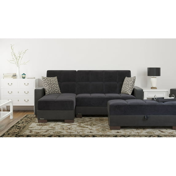 Ottomanson Origins Modern Convertible L-Shaped Sectional Sofa, Black Microfiber