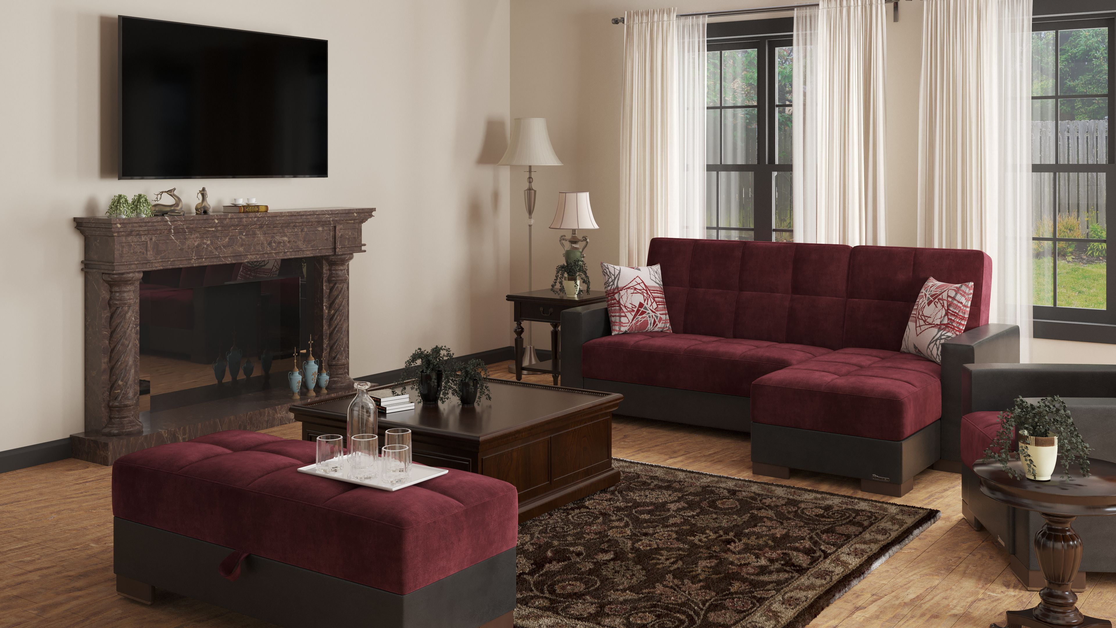 Ottomanson Origins Modern Convertible LShaped Sectional Sofa, Burgundy