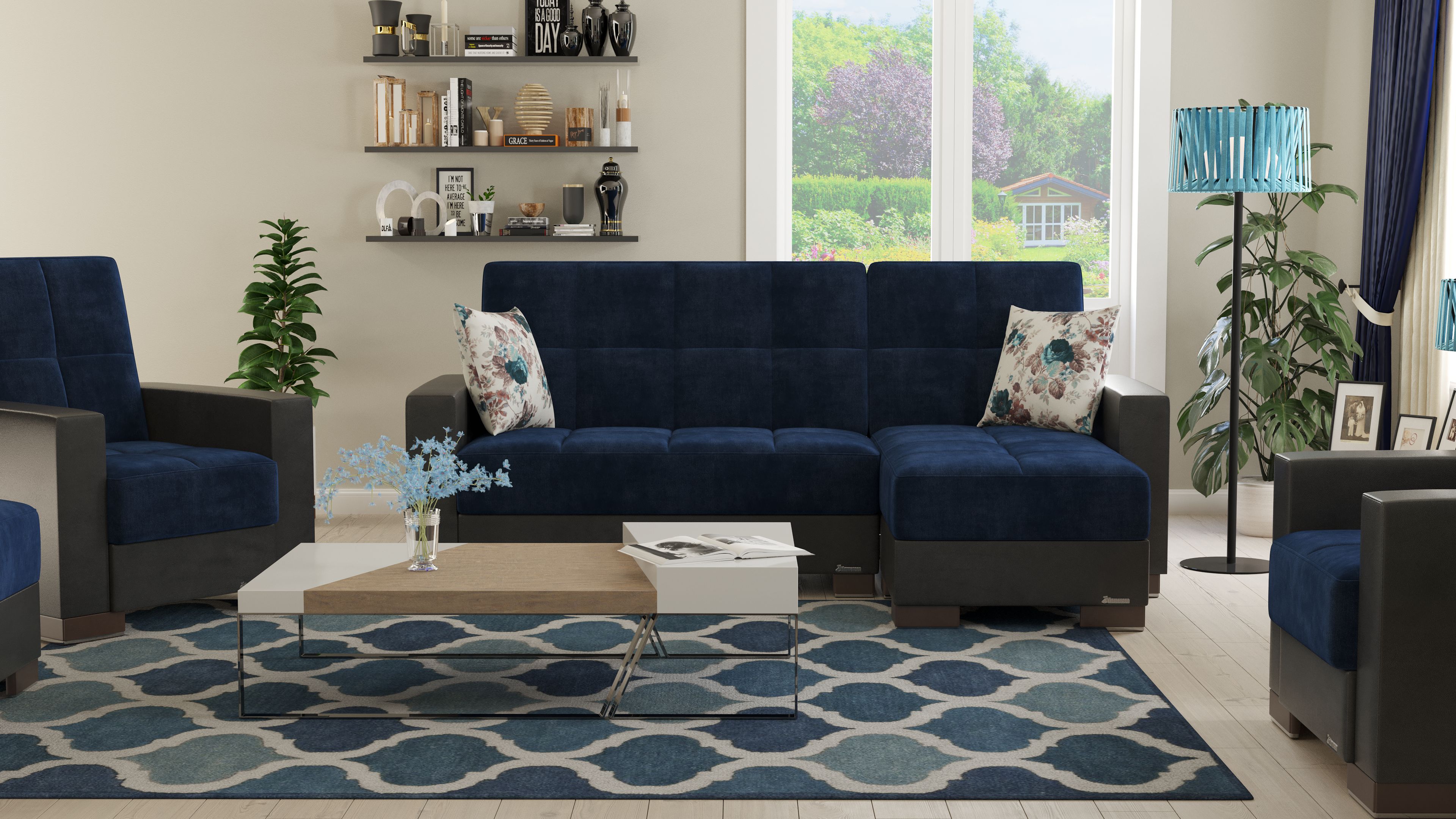 Ottomanson Origins Modern Convertible L-Shaped Sectional Sofa, Turquoise Color Microfiber