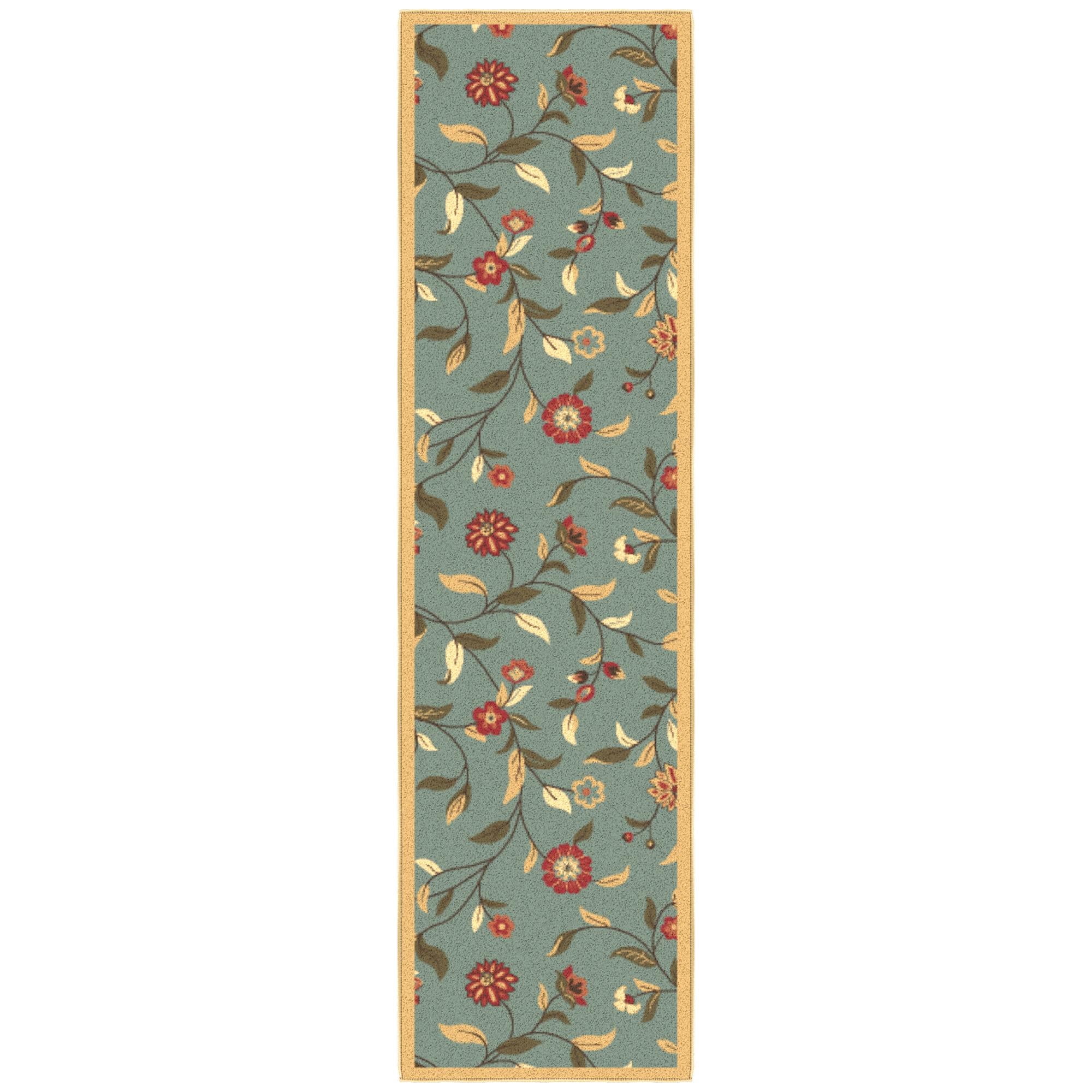 Ottomanson Floral Kitchen Runner Rug 1'10" x 6' - Non Slip Low Pile Carpet, Seafoam Green