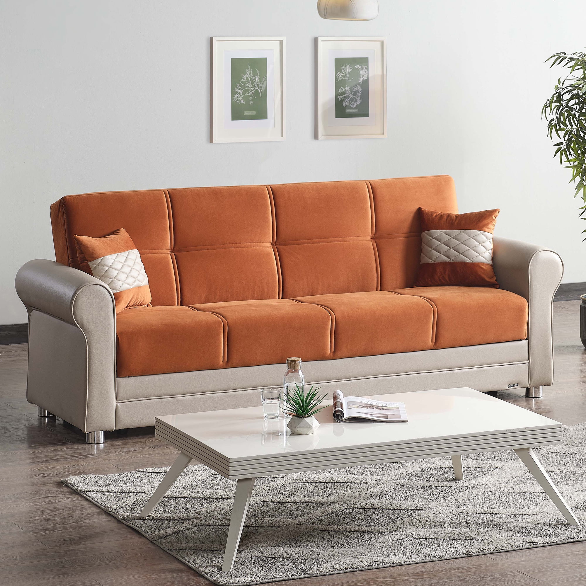 Ottomanson Paradise Sofa Bed with Storage 74", Orange Microfiber