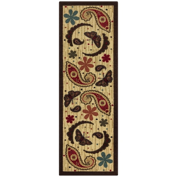 Ottomanson Paisley Bathroom Runner Rug 20" x 59" - Non Slip Low Pile Carpet, Beige/Brown