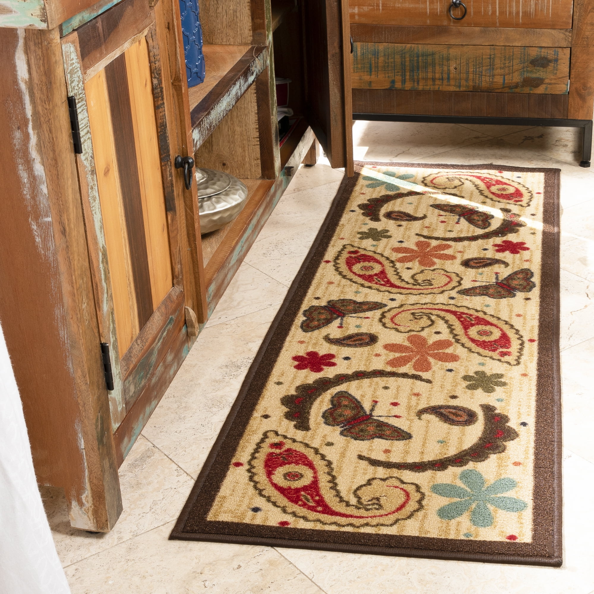 Beige and Red Paisley Non-Slip Kitchen Runner Rug