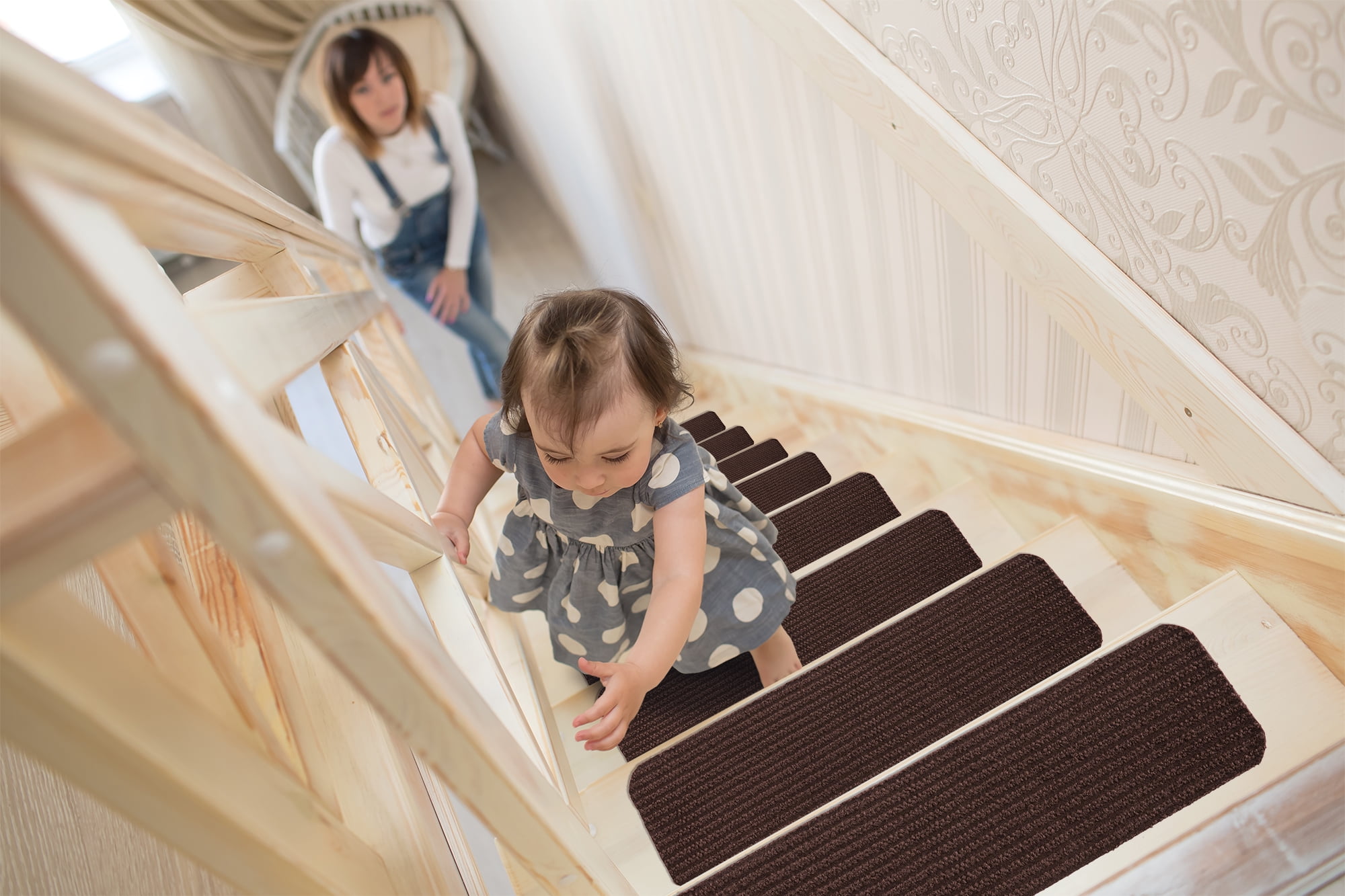 Ottomanson Scrabe Rib Waterproof Non-Slip Rubberback Solid 8" x 30" Indoor/Outdoor Stair Treads, 7 Pack, Brown