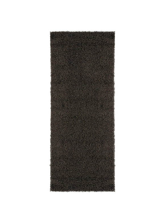 Ottomanson Shaggy Non-Slip Rubberback Solid 2x5 Soft Indoor Runner Rug, 20" x 59", Black