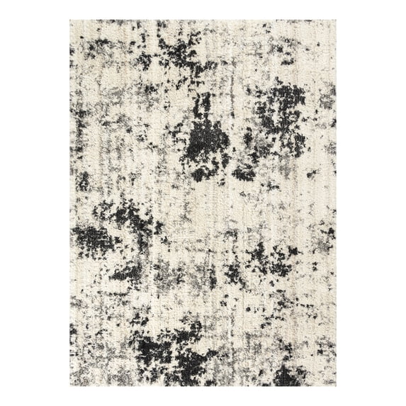 Ottomanson Soft Shag Area Rug 5x7 Abstract Modern Rug for Bedroom, 5'3" x 7', Ivory/Charcoal
